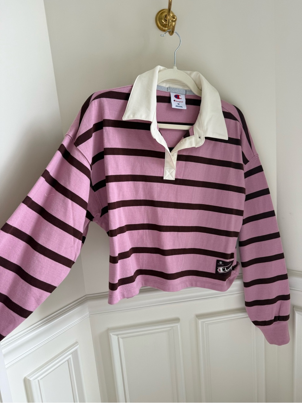 Champion Pink and Brown Striped Rugby Sweatshirt with Cream Collar